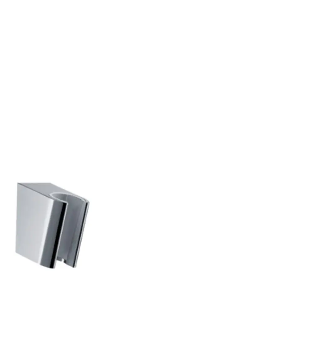 Chromfarbener Halter für eine Dusche, entwickelt von Hansgrohe. Der Halter hat eine klare, geometrische Form und ist an einer weißen Fläche positioniert.